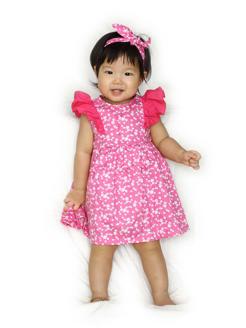 Pink Frilled Sleeve Dress with Headband