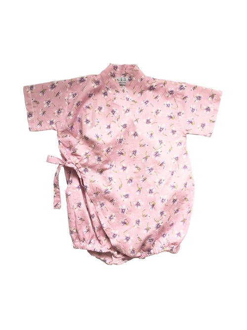 Pink Kimono Romper with Purple Flowers