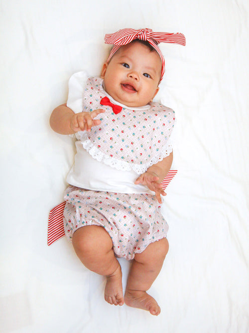 Red Floral Headband + Ruffle Bib + Shorts Set