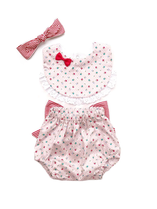 Red Floral Headband + Ruffle Bib + Shorts Set