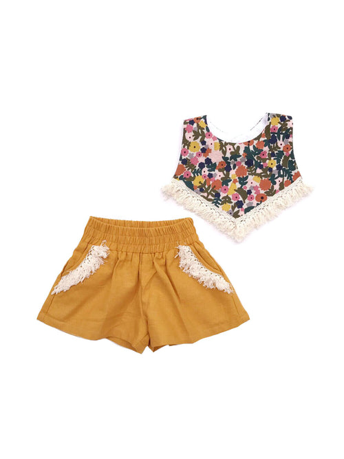 Rustic Lacey Bib + Mustard Shorts Set