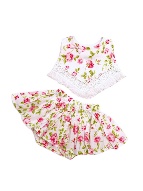 White Floral Bib + Skirt Set