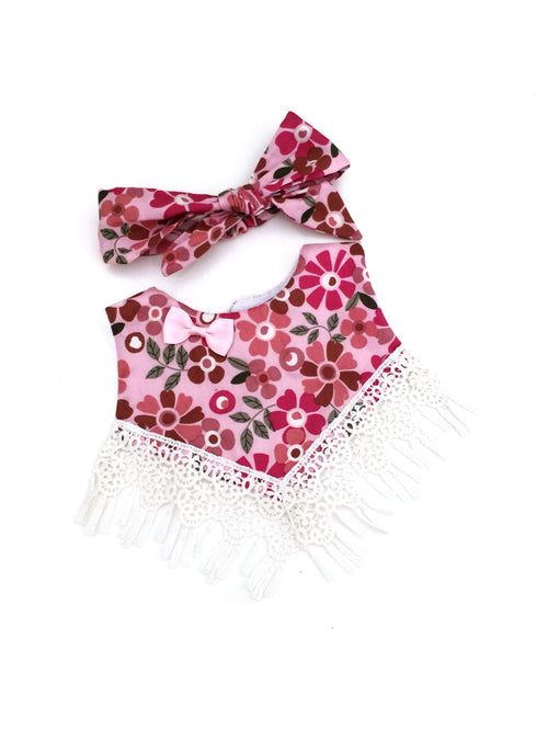 Pink Blush Headband and Lacey Bib Set