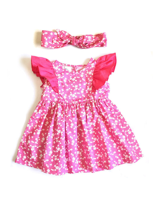 Pink Frilled Sleeve Dress with Headband