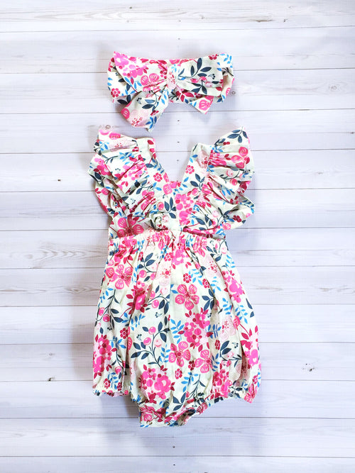 Button Floral Romper in Pink back