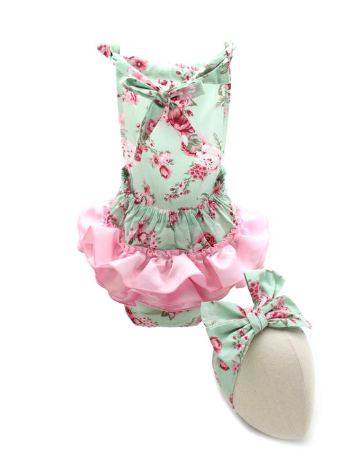 Ophelia Ruffled Romper with Headband in Pink back