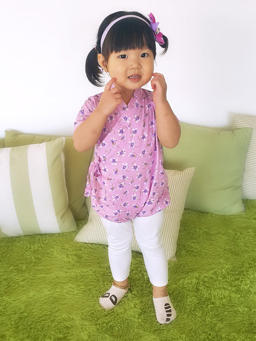 Pink Kimono Romper with Purple Flowers